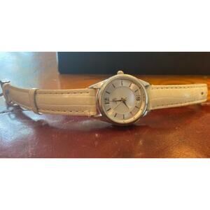 Women's 30mm Silver Tone JS Watch, MOP Face, White Band